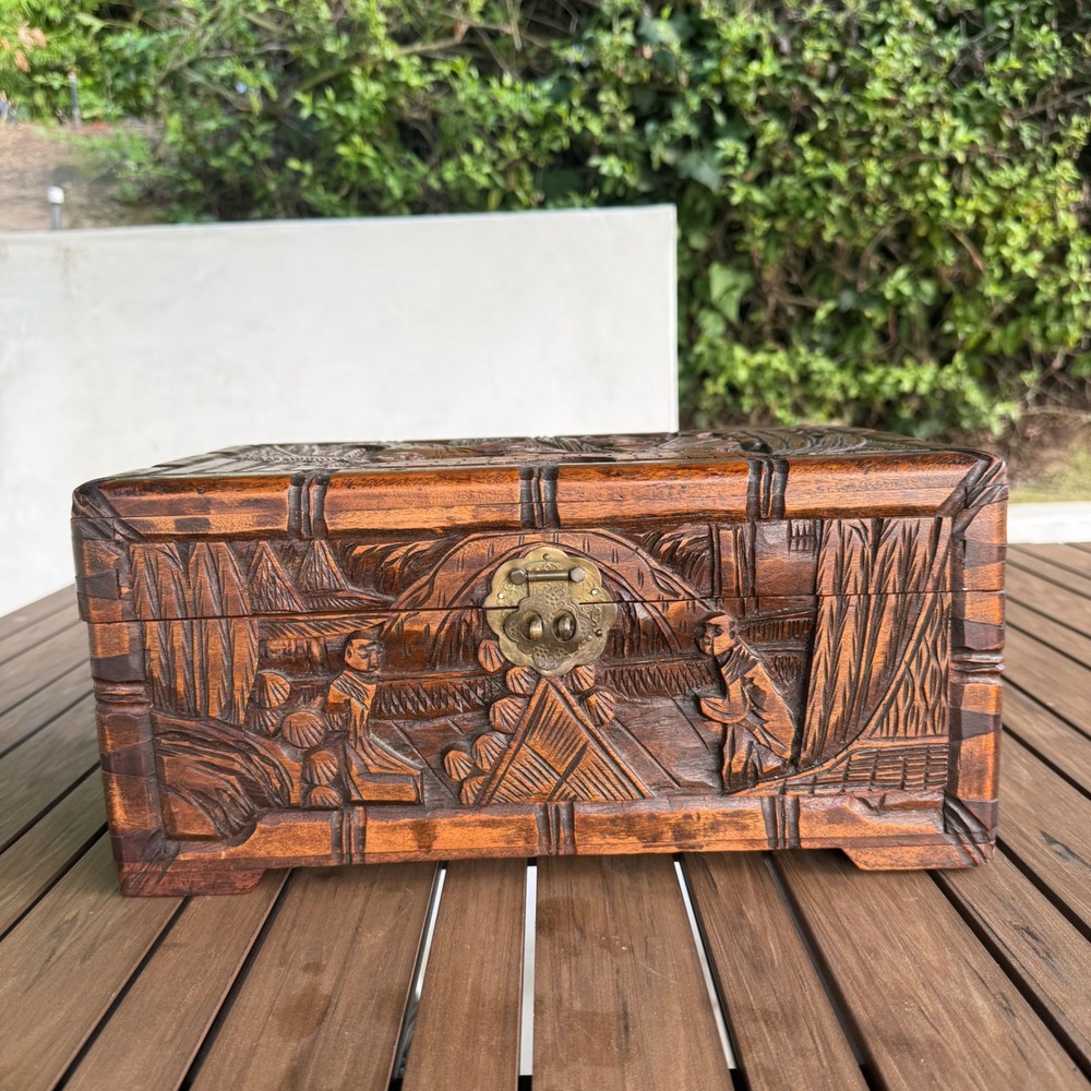 Vintage Hand Carved Camphor Wood Chest Asian Relief Scene Brass Latch Box